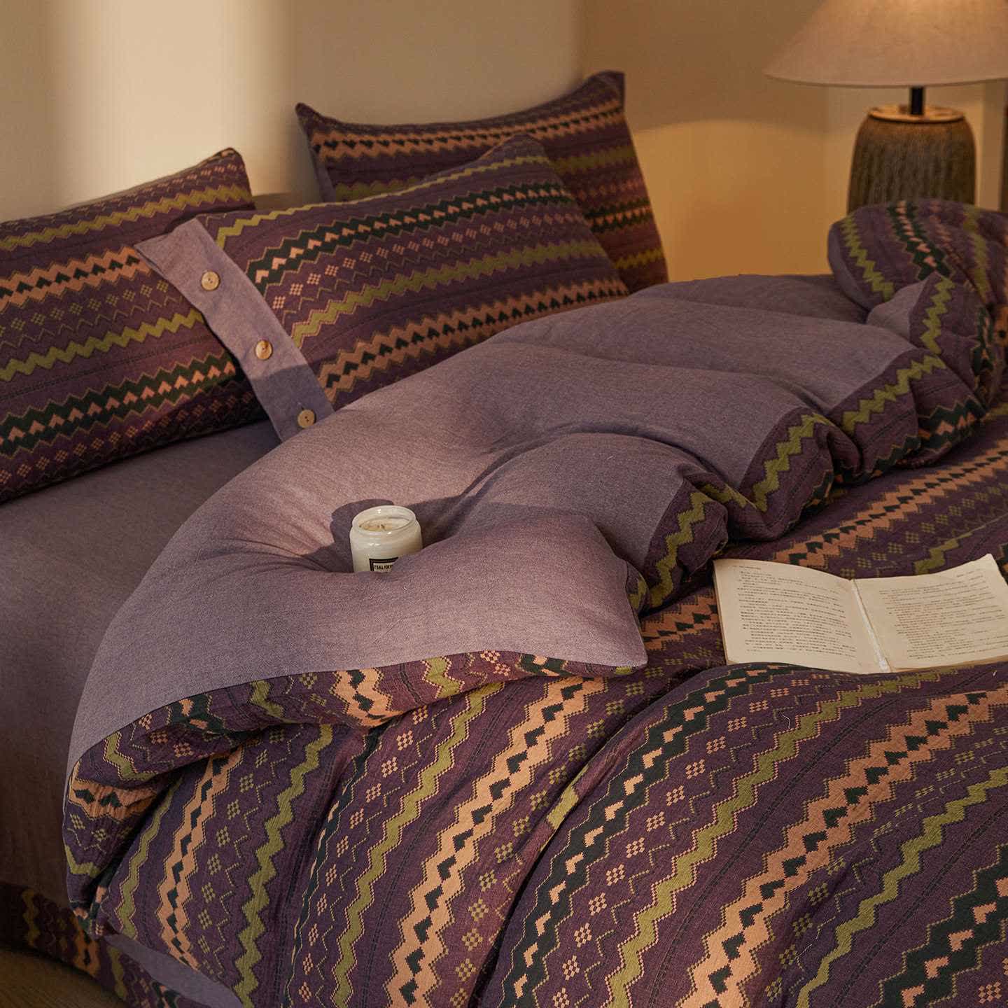 Ownkoti Wavy Stripe Cotton Double Gauze Bedding Set(4PCS) - Purple - King - image 8