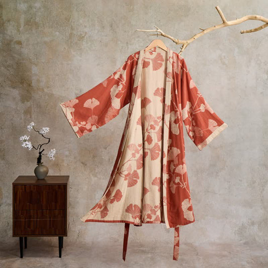 Ownkoti Ginkgo Leaf Cotton Gauze Kimono Robe - Red & Nude - XL - image 0