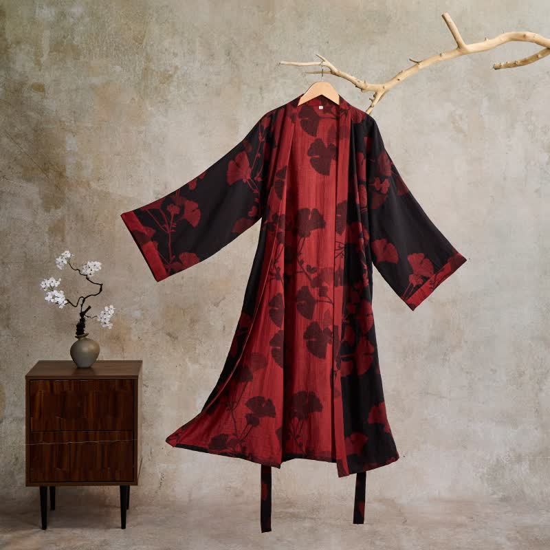 Ownkoti Large Ginkgo Leaf Cotton Gauze Robe - Black & Red - 2XL - image 4