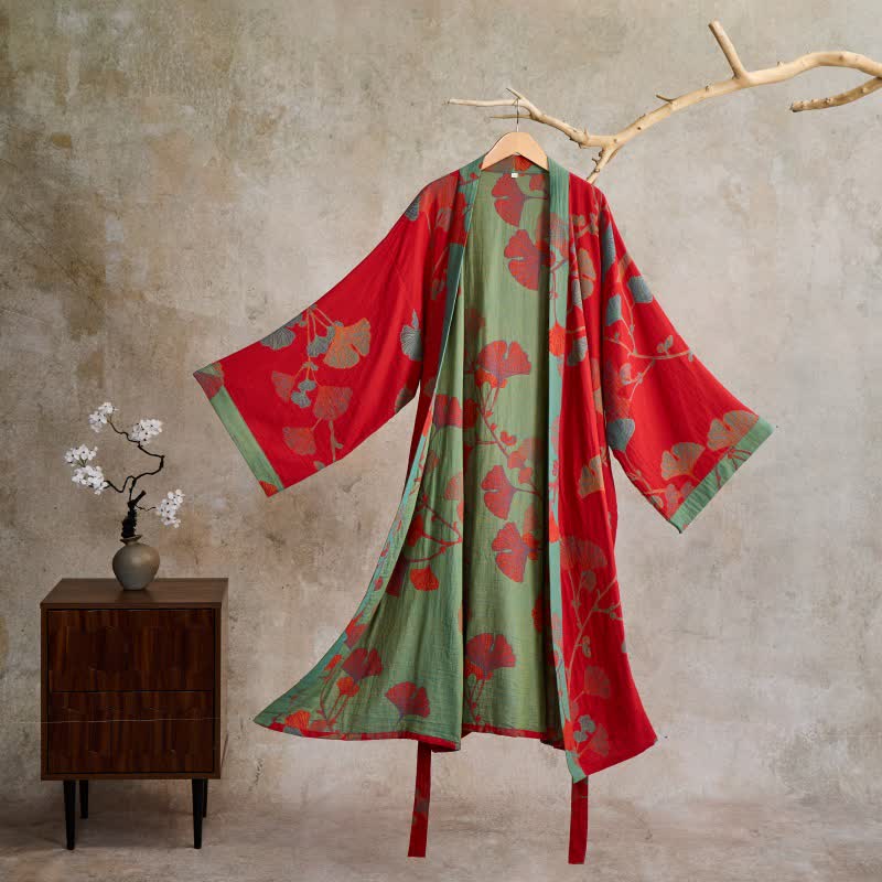 Ownkoti Ginkgo Leaf Organic Cotton Kimono Robe - Red & Green - 2XL - image 11