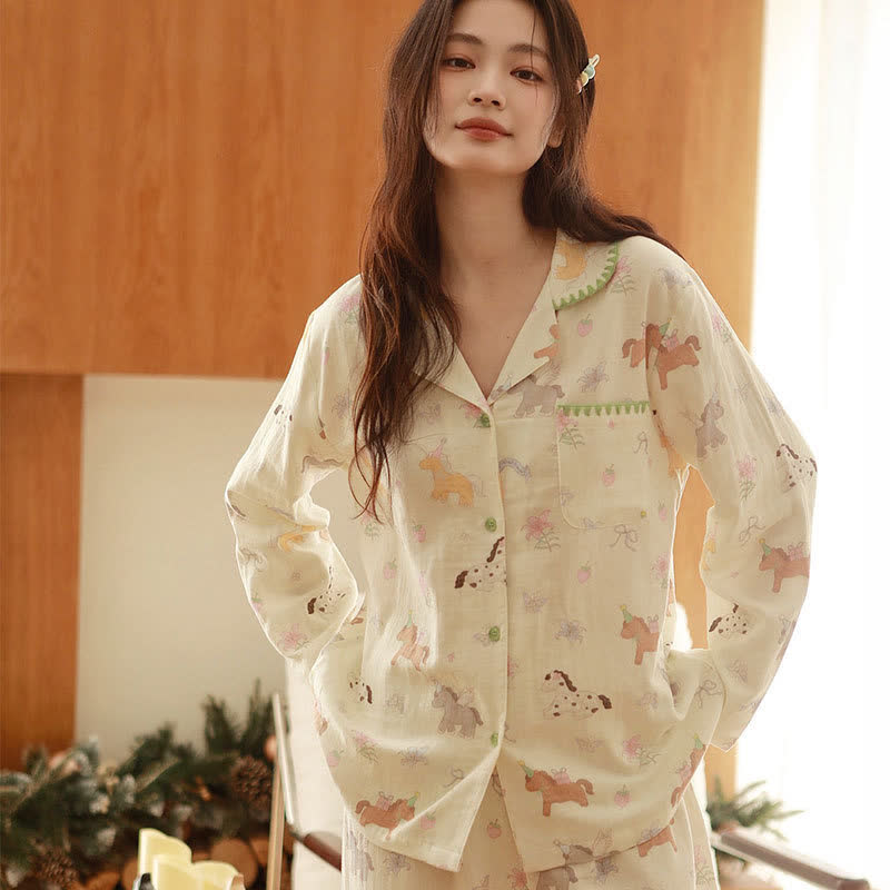 Ownkoti Cartoon Pony & Floral Brushed Cotton Pajamas - Beige - XL - image 0