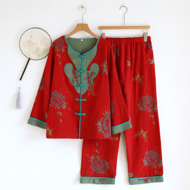 Ownkoti Oriental Style Peony Cotton Pajama Set - Red - XL - image 14