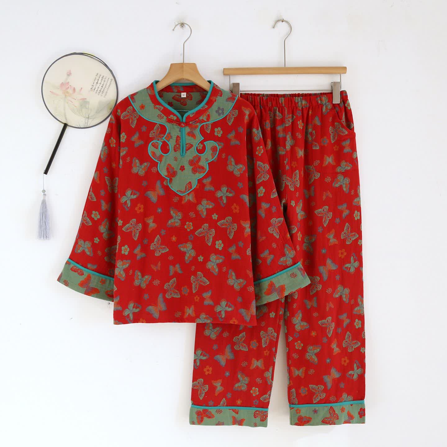 Ownkoti Oriental Style Butterfly Cotton Pajama Set - Red - XL - image 0