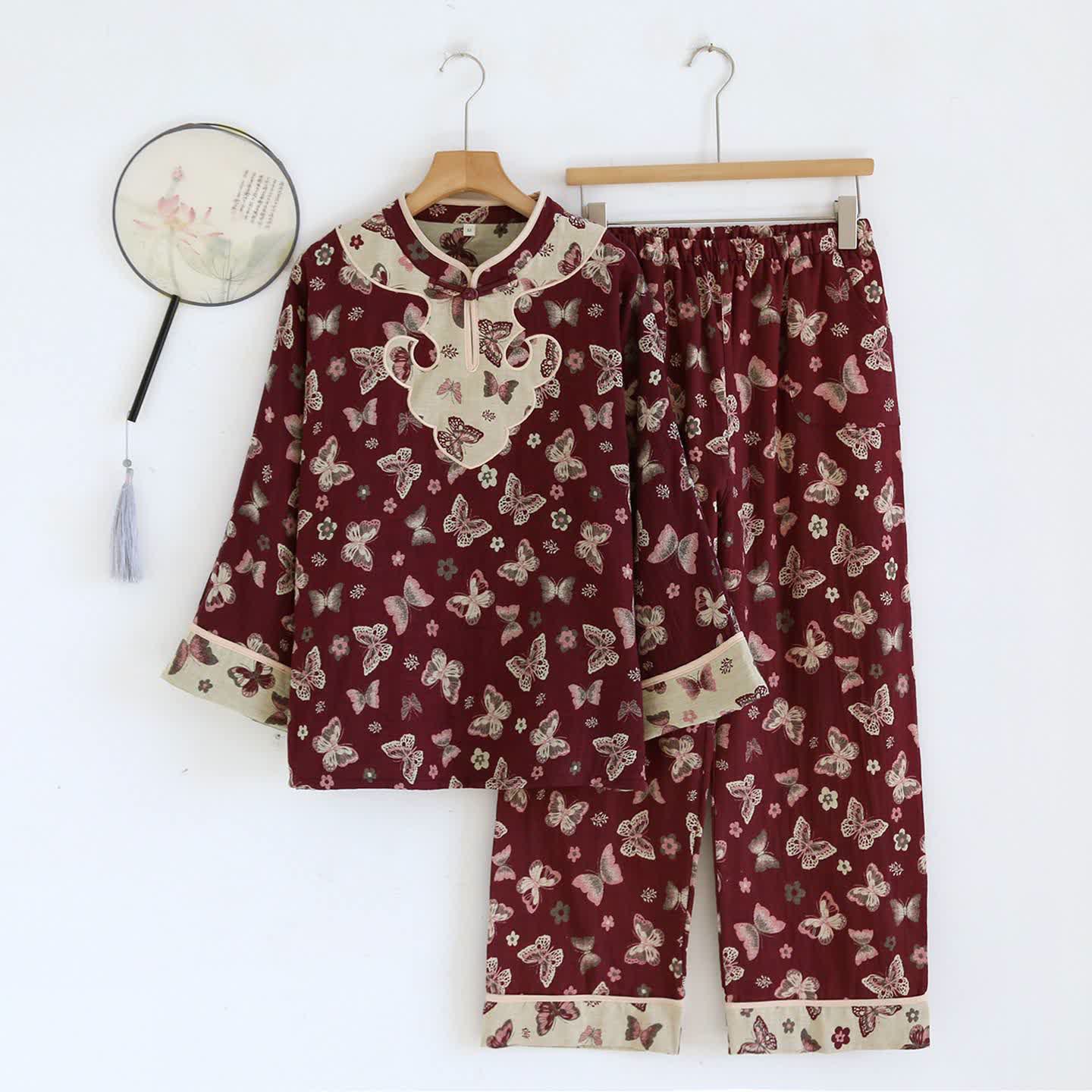 Ownkoti Oriental Style Butterfly Cotton Pajama Set - Purple - XL - image 3