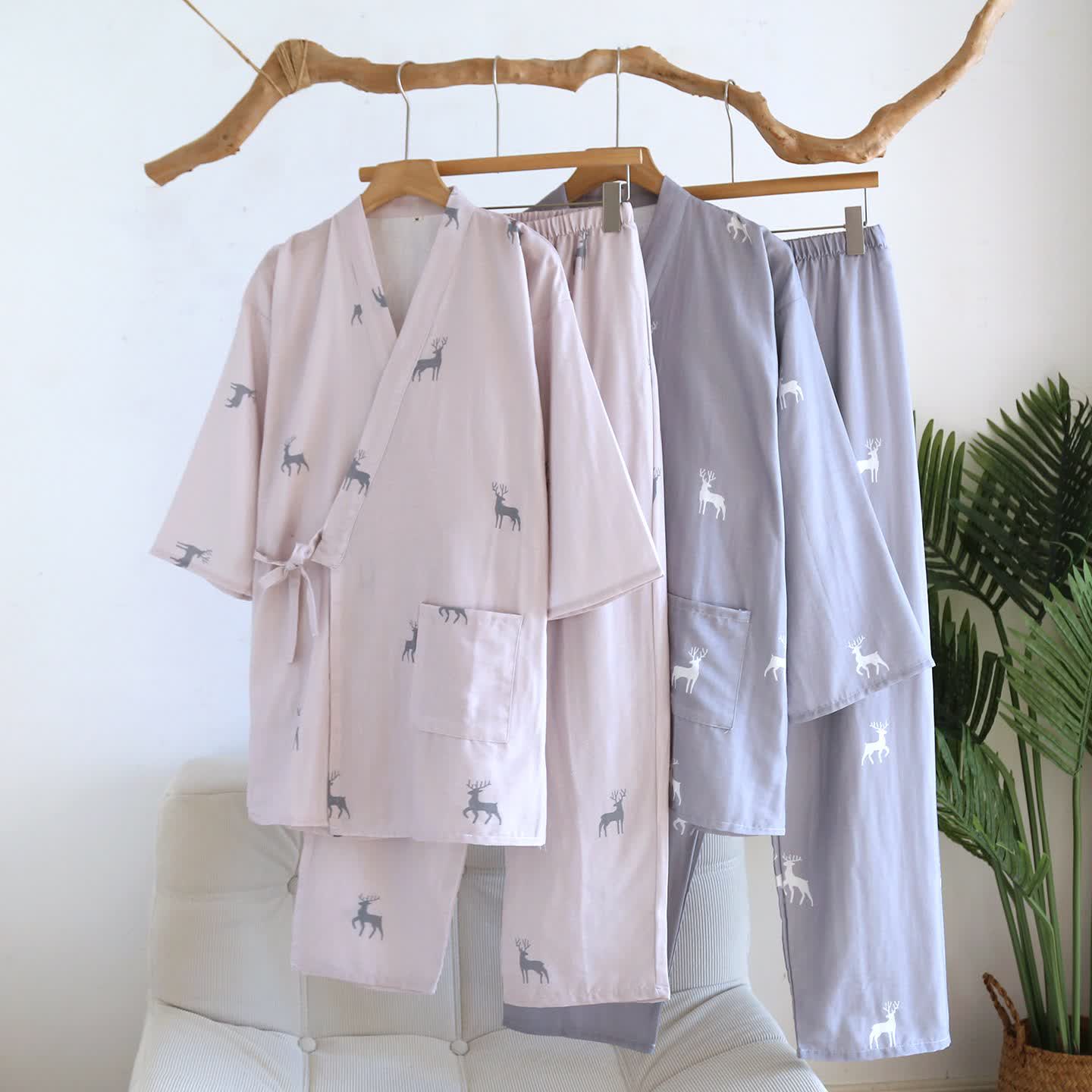 Ownkoti Deer Kimono Cotton Gauze Loungewear Set - image 0