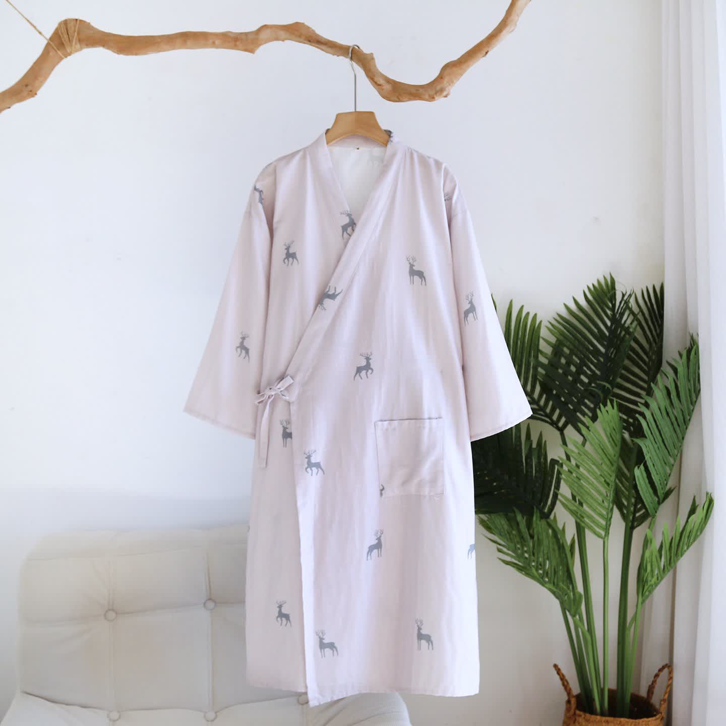 Ownkoti Couple Deer Cotton Gauze Kimono Bathrobe - Light Pink - L - image 1