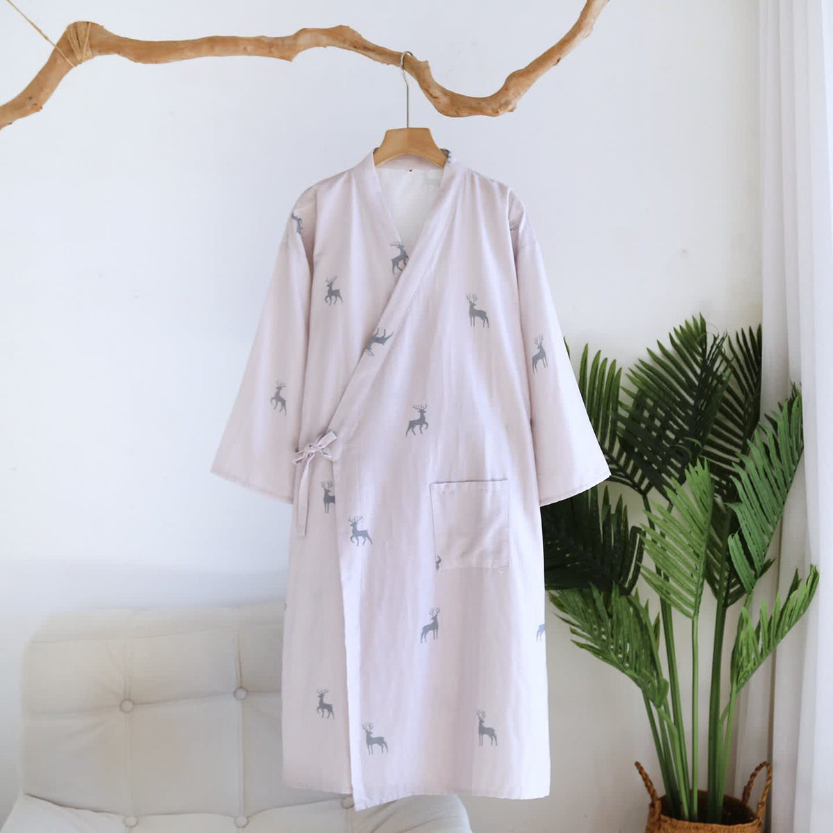 Ownkoti Couple Deer Cotton Gauze Kimono Bathrobe - Light Pink - L - image 1