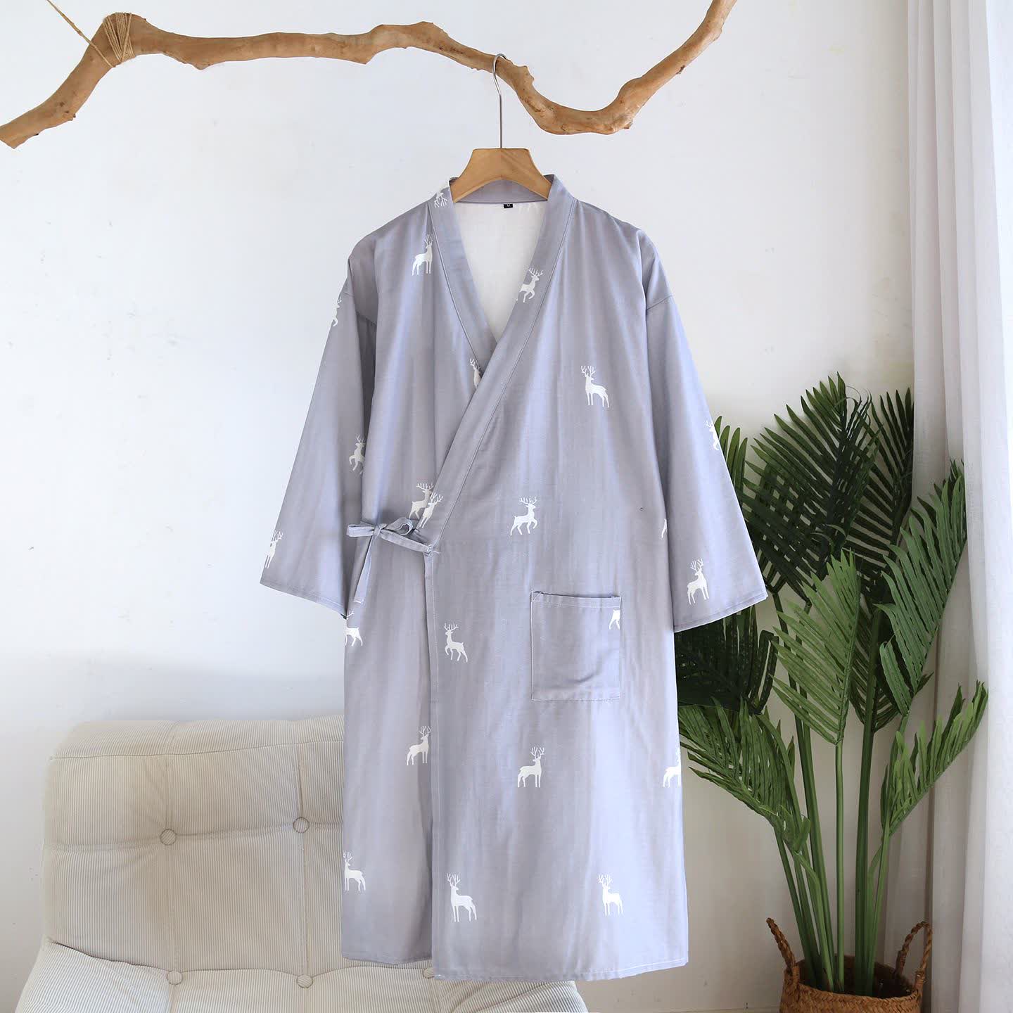 Ownkoti Couple Deer Cotton Gauze Kimono Bathrobe - Blue - L - image 11