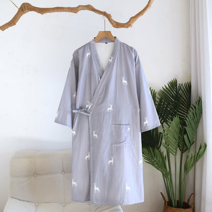 Ownkoti Couple Deer Cotton Gauze Kimono Bathrobe - Blue - L - image 11