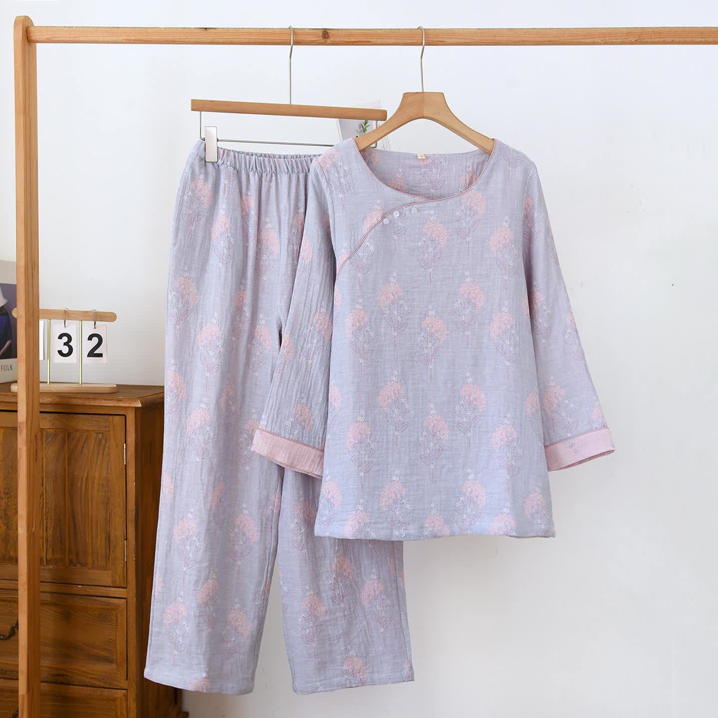 Ownkoti Muted Floral Vintage Cotton Pajama Set - Blue - XL - image 1