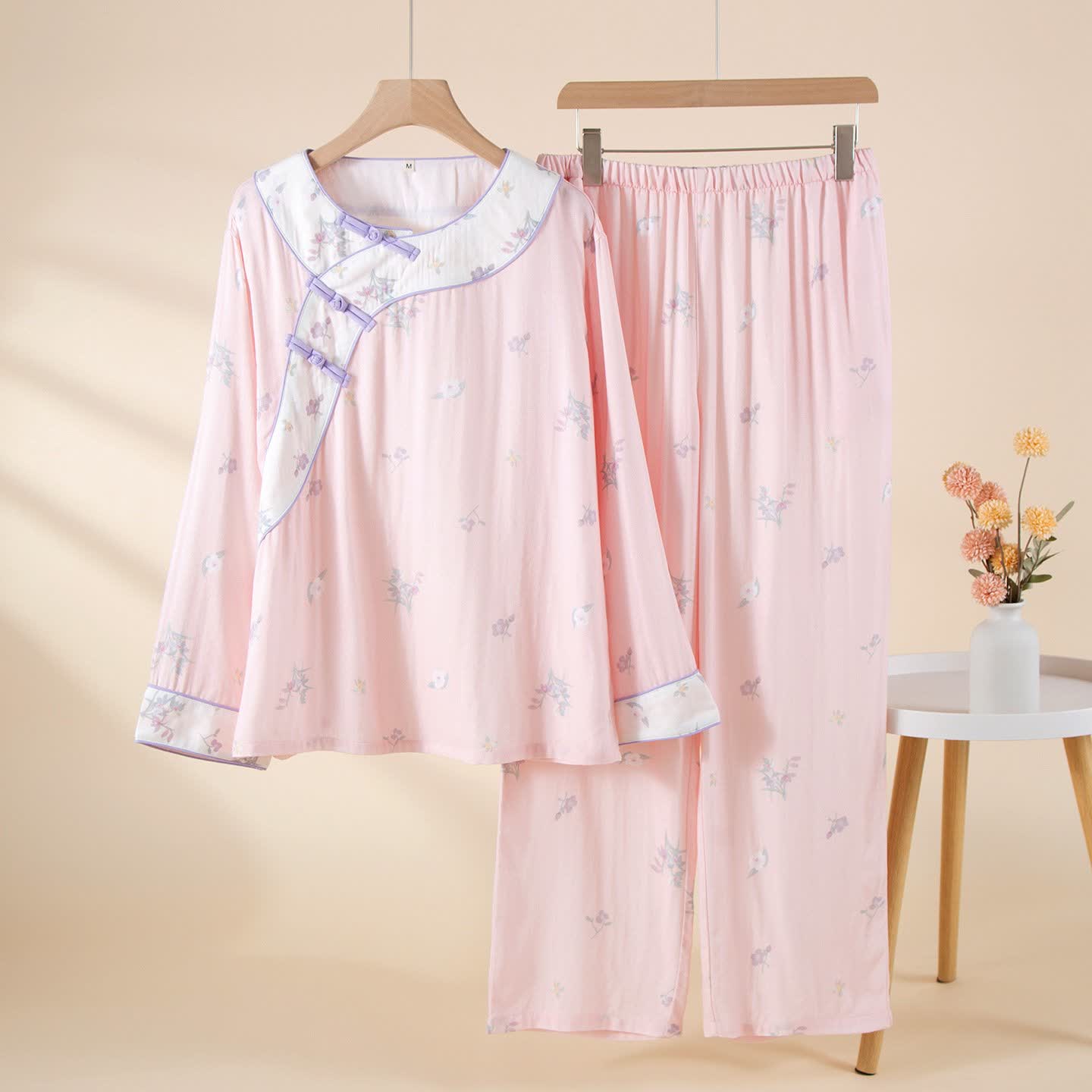 Ownkoti Country Floral Contrast Trim Pajama Set - Pink - XL - image 0