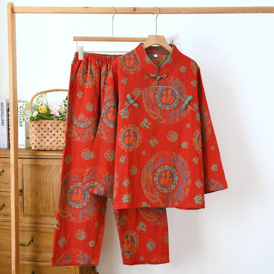 Ownkoti Auspicious Mandarin Collar Cotton Pajama Set - Red - XXL - image 0