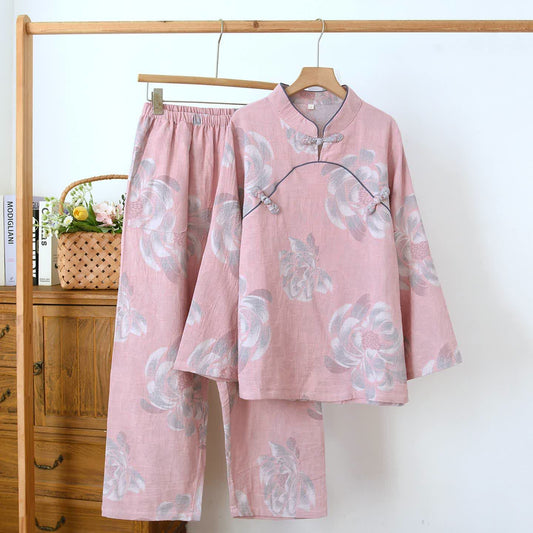 Ownkoti Peony Mandarin Collar Cotton Pajama Set - Pink - XL - image 0