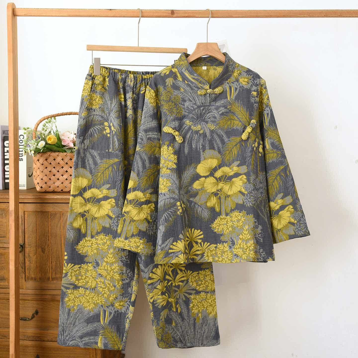 Ownkoti Botanical Mandarin Collar Cotton Pajama Set - Gray - XXL - image 0