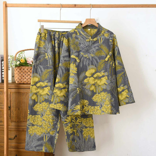 Ownkoti Botanical Mandarin Collar Cotton Pajama Set - Gray - XXL - image 0