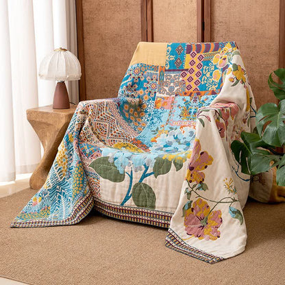 Ownkoti Artistic Floral Patchwork Cotton Gauze Blanket - 90"W x 98"L - image 0
