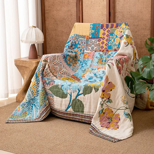Ownkoti Artistic Floral Patchwork Cotton Gauze Blanket - 90"W x 98"L - image 0