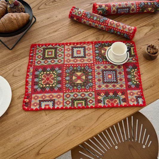 Ownkoti Vintage Geometric Pattern Jacquard Fabric Placemat - Red - 3PCS - 12" x 18" - image 0