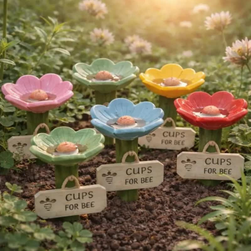 Ownkoti Flower-Shaped Resin Bee Watering Station - Set (5 Colors) - 5PCS - 2.56"L x 3.94"H - image 2