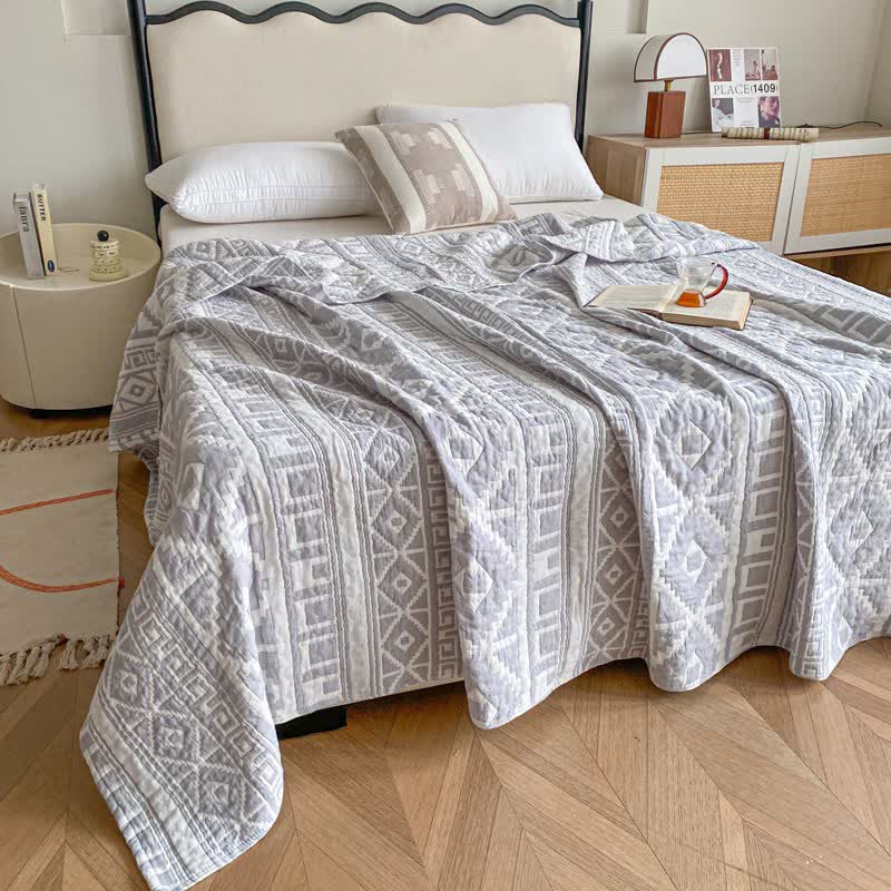 Ownkoti Ethnic Style Geometric Cotton Gauze Quilt - Gray - Queen - image 4