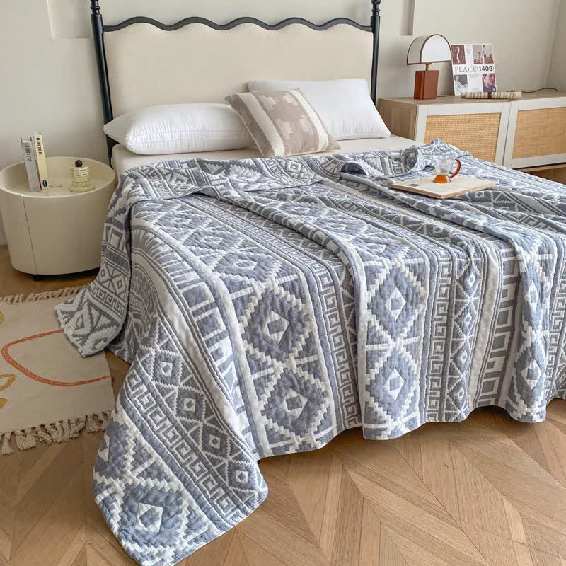 Ownkoti Ethnic Style Geometric Cotton Gauze Quilt - Blue - Queen - image 2