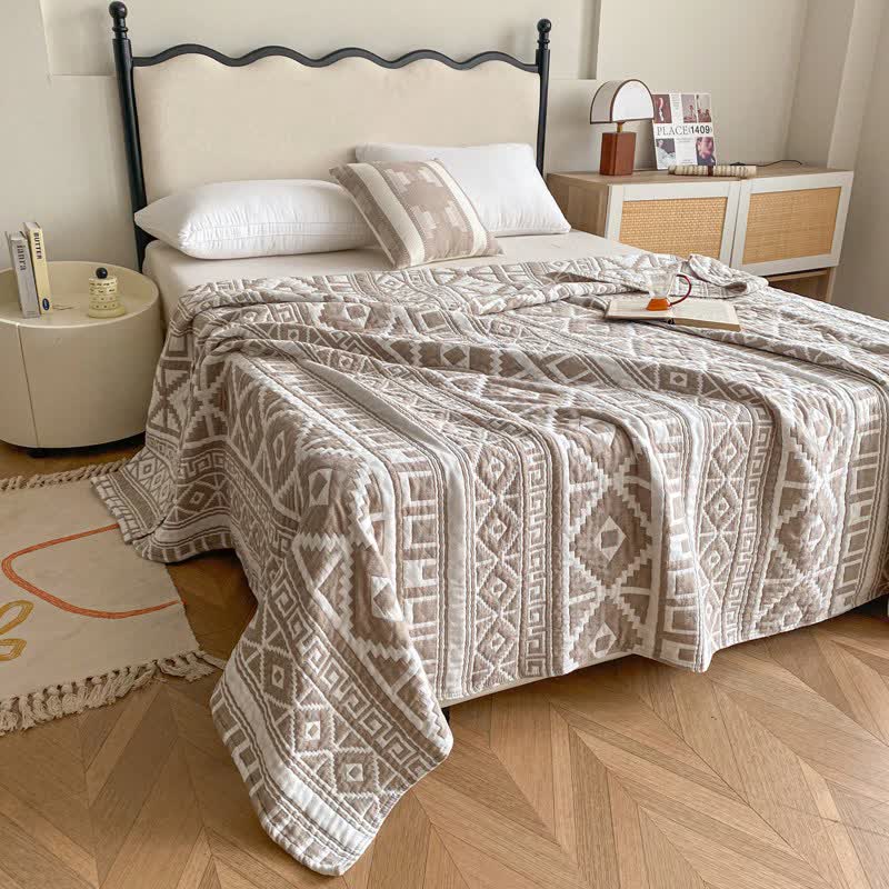 Ownkoti Ethnic Style Geometric Cotton Gauze Quilt - Coffee - Queen - image 0