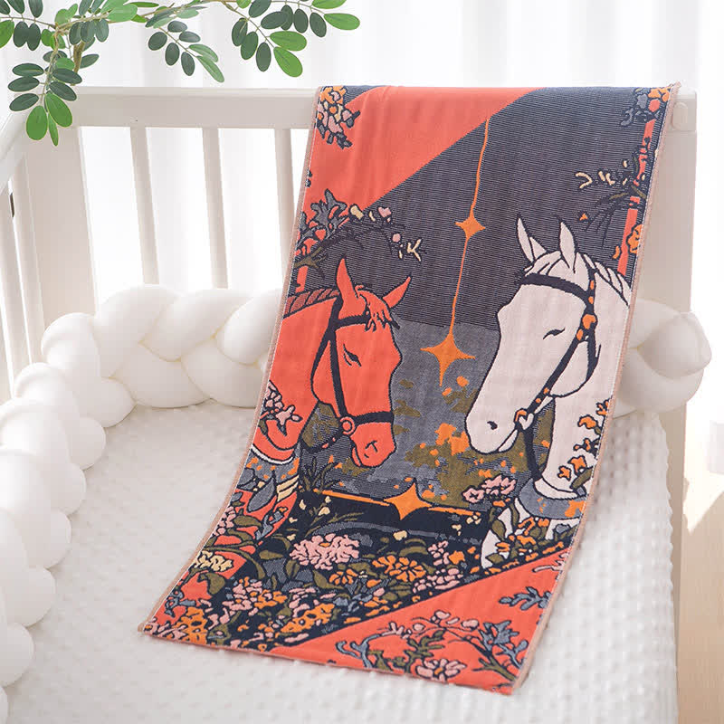 Ownkoti Artistic Horse Floral Cotton Gauze Towel - Orange & Black - 14"W*29"L - image 0