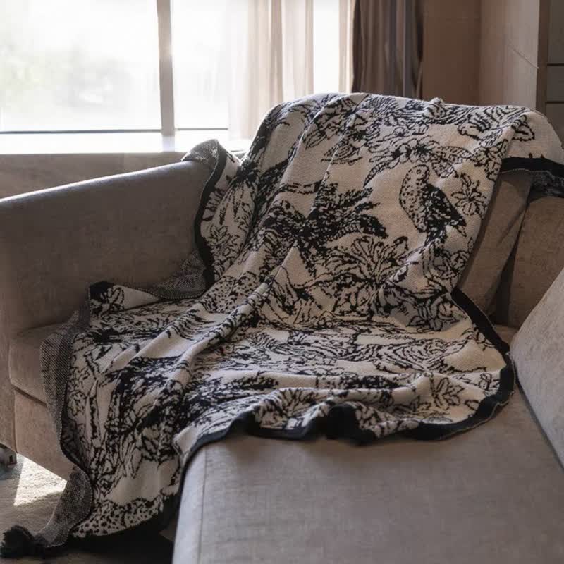 Ownkoti Vintage Ink Floral Bird Knit Throw Blanket - image 3