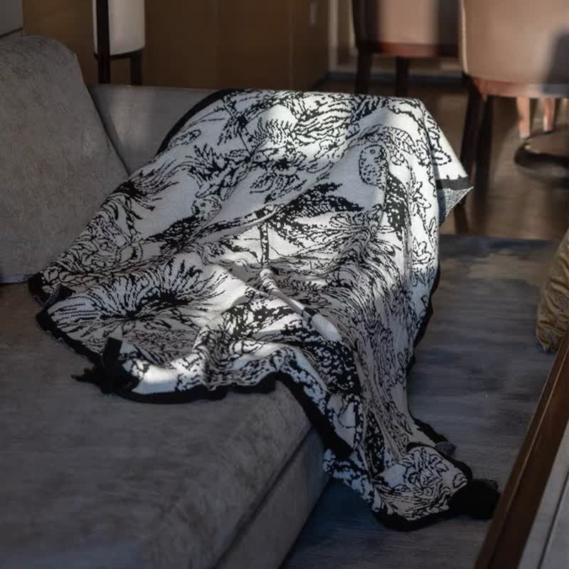 Ownkoti Vintage Ink Floral Bird Knit Throw Blanket - image 2