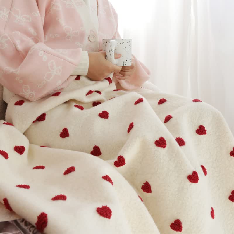Ownkoti Heart Pattern Throw Blanket with Pom-Poms - image 6
