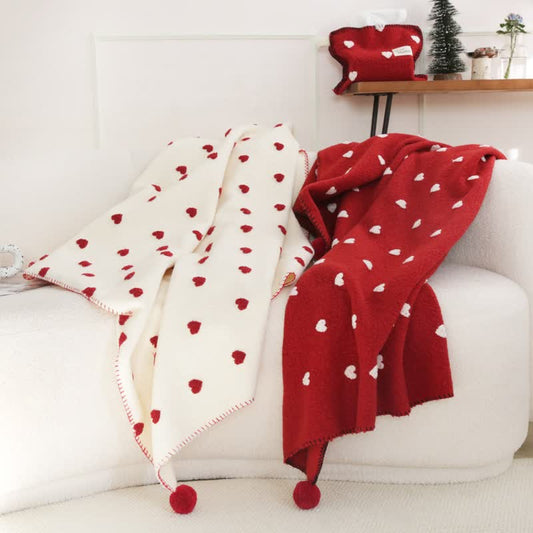 Ownkoti Heart Pattern Throw Blanket with Pom-Poms - image 0