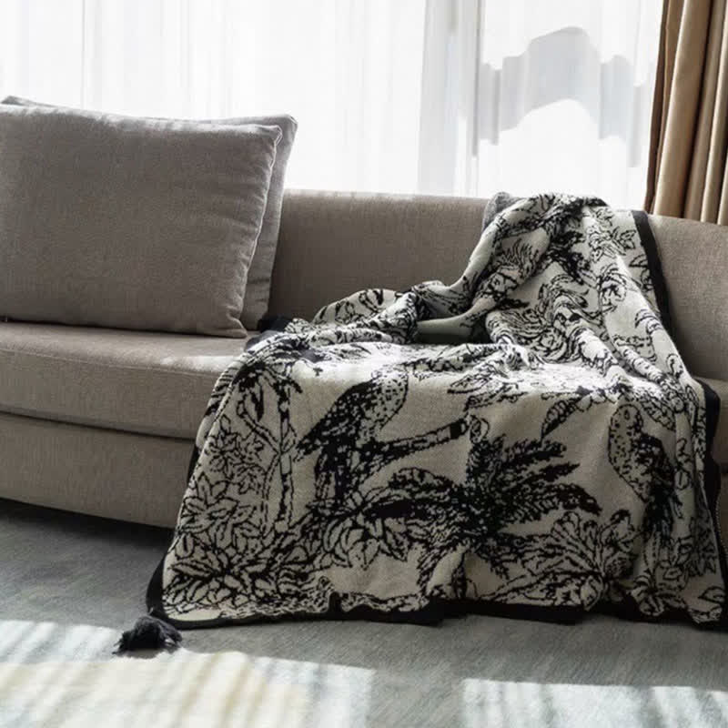 Ownkoti Vintage Ink Floral Bird Knit Throw Blanket - image 4
