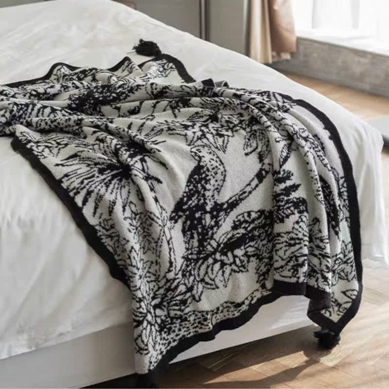 Ownkoti Vintage Ink Floral Bird Knit Throw Blanket - image 1
