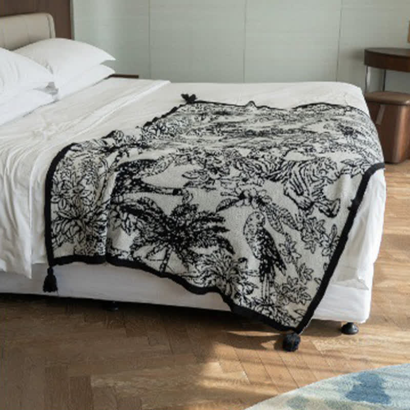 Ownkoti Vintage Ink Floral Bird Knit Throw Blanket - image 5