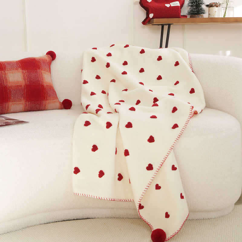 Ownkoti Heart Pattern Throw Blanket with Pom-Poms - image 2