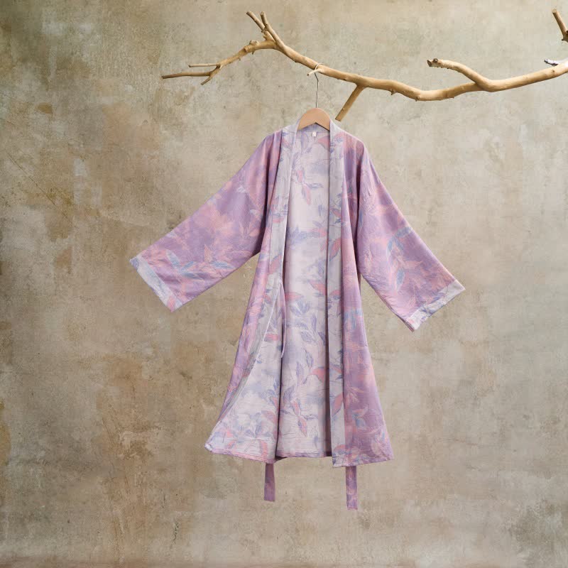 Ownkoti Natural Leaf Cotton Gauze Kimono Robe - Purple - L - image 14