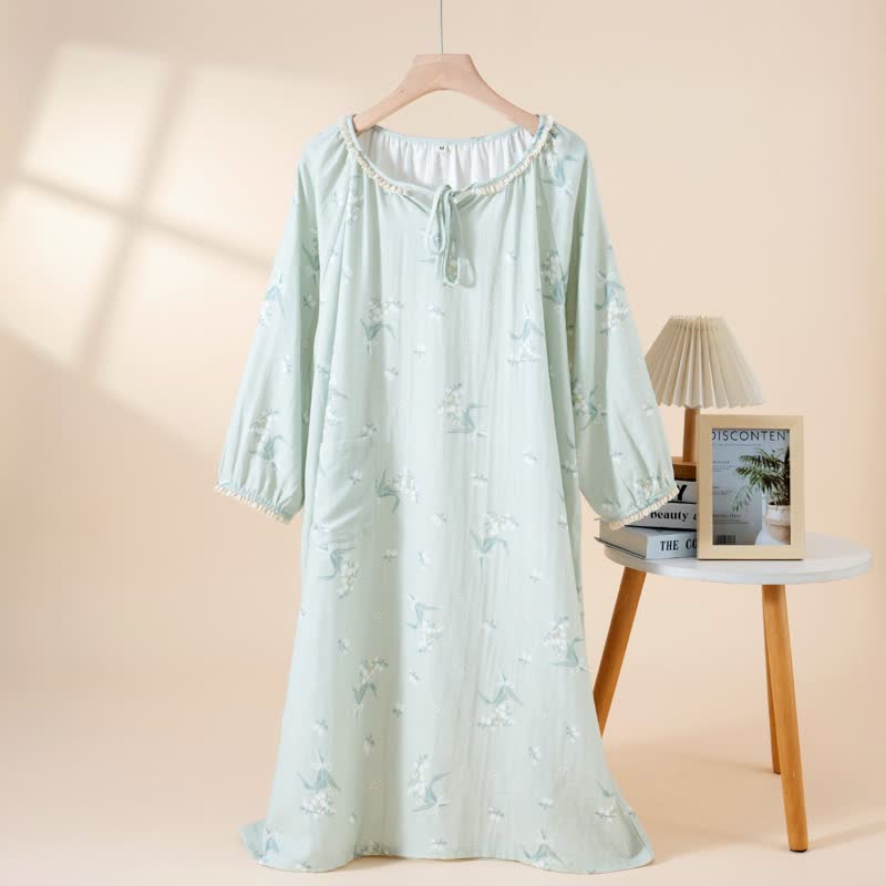 Ownkoti Bellflower Floral Cotton Gauze Nightgown - Green - L - image 2