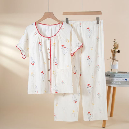 Ownkoti Country Floral Cotton Gauze Pajama Set - Beige - XL - image 0
