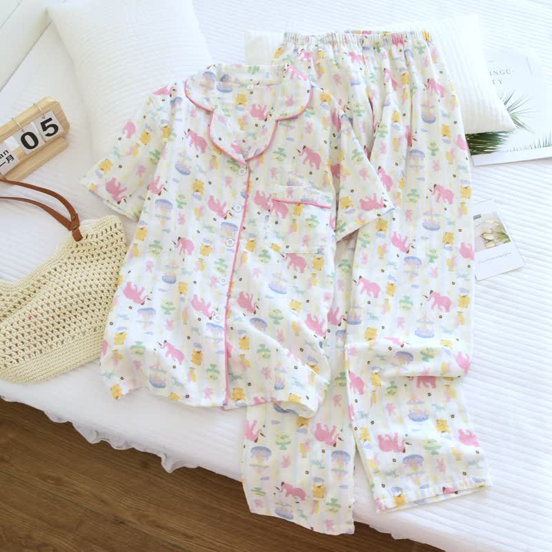 Ownkoti Elephant Playground Cotton Gauze Pajama Set - Beige - Top & Long Pants - XXL - image 4