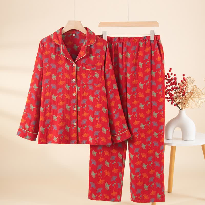 Ownkoti Ginkgo Leaf Cotton Gauze Pajama Set - Red - L - image 0