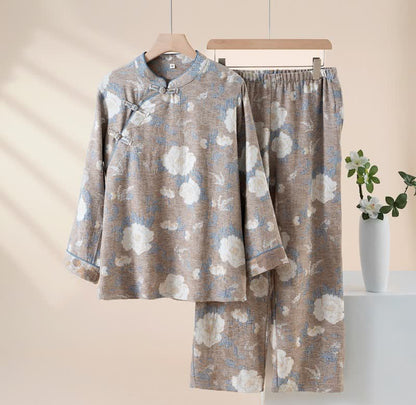 Ownkoti Vintage Floral Mandarin Collar Cotton Pajama Set - Gray - XL - image 11