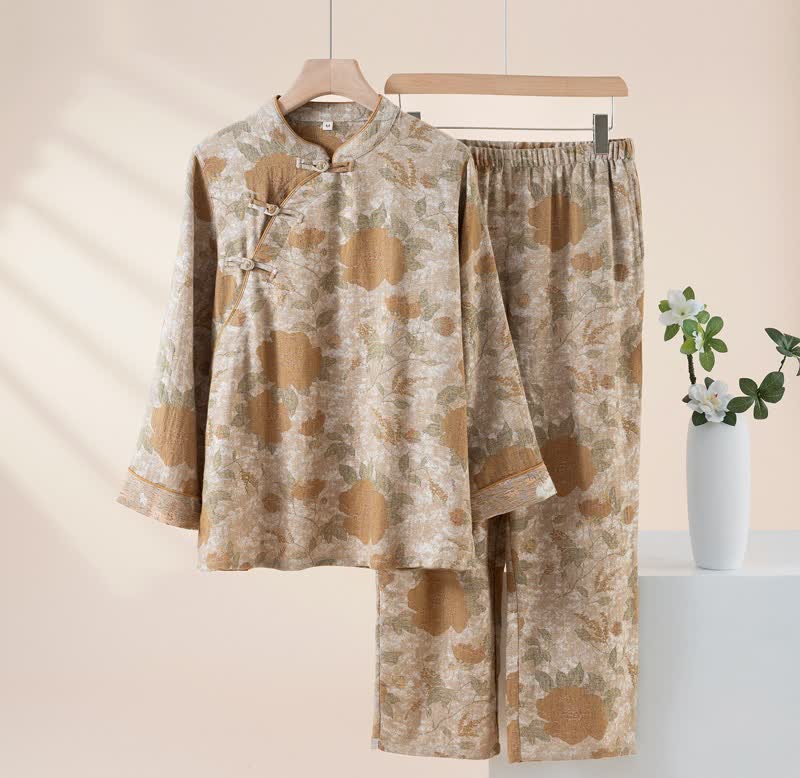 Ownkoti Vintage Floral Mandarin Collar Cotton Pajama Set - Camel - XL - image 2