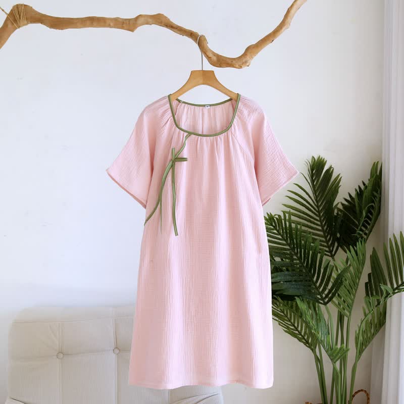 Ownkoti Minimalist Oriental Style Cotton Gauze Nightdress - Pink - XL - image 4