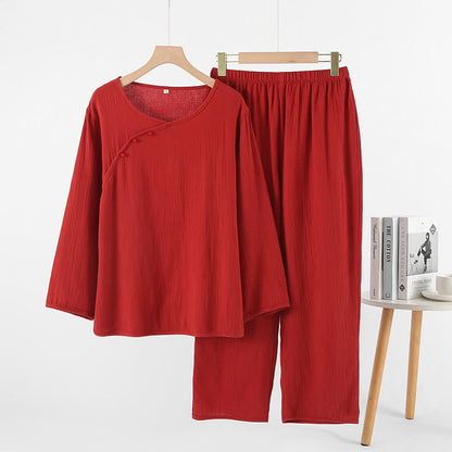 Ownkoti Minimalist Red Couple Cotton Pajama Set - Asymmetrical Neck - Red - Women:XL - image 6