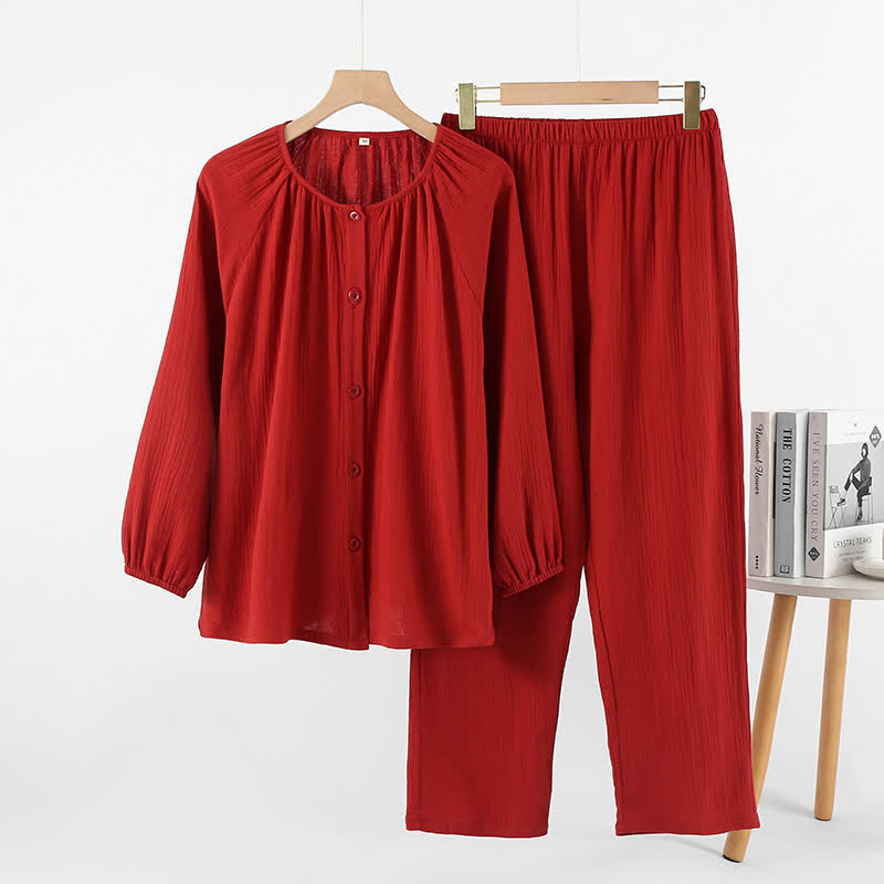 Ownkoti Minimalist Red Couple Cotton Pajama Set - Round Neck - Red - Women:XL - image 5