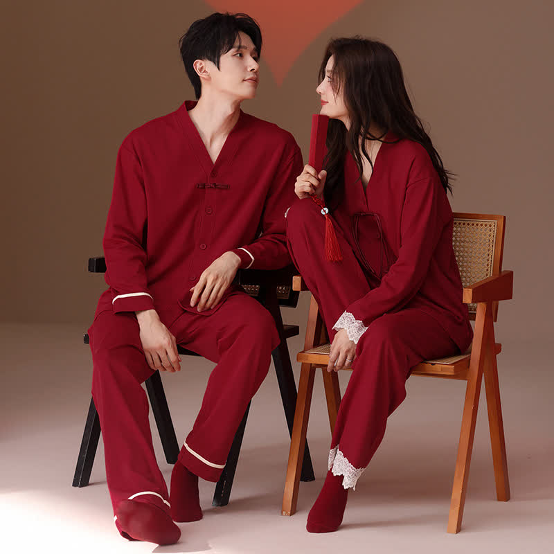 Ownkoti Vintage V-Neck Cotton Couple Pajama Set - image 1