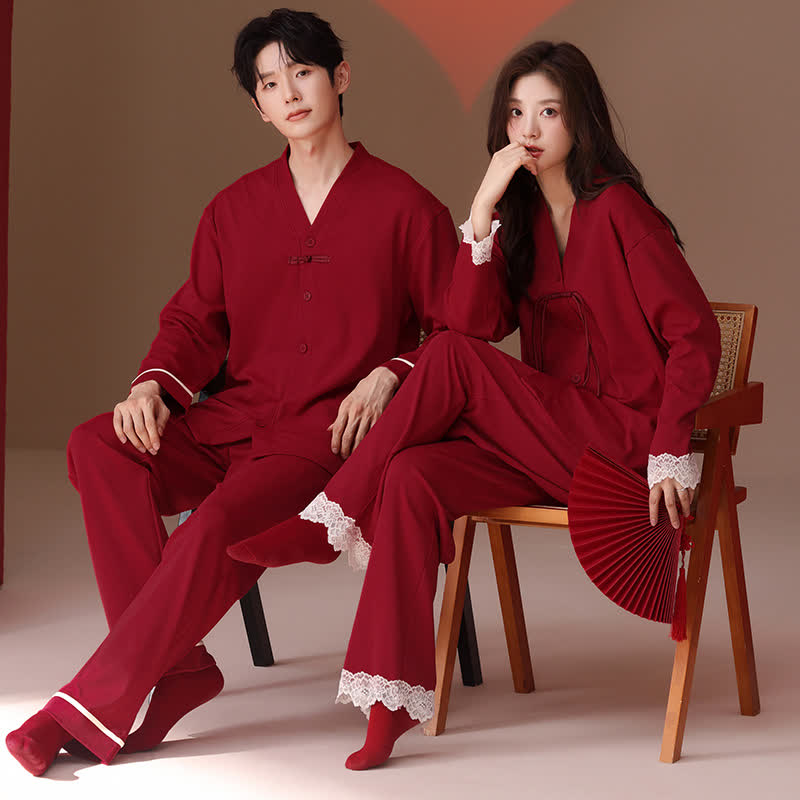 Ownkoti Vintage V-Neck Cotton Couple Pajama Set - image 0