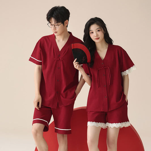 Ownkoti Short Sleeve Couple Cotton Pajama Set - Red - Women - XXL - image 0
