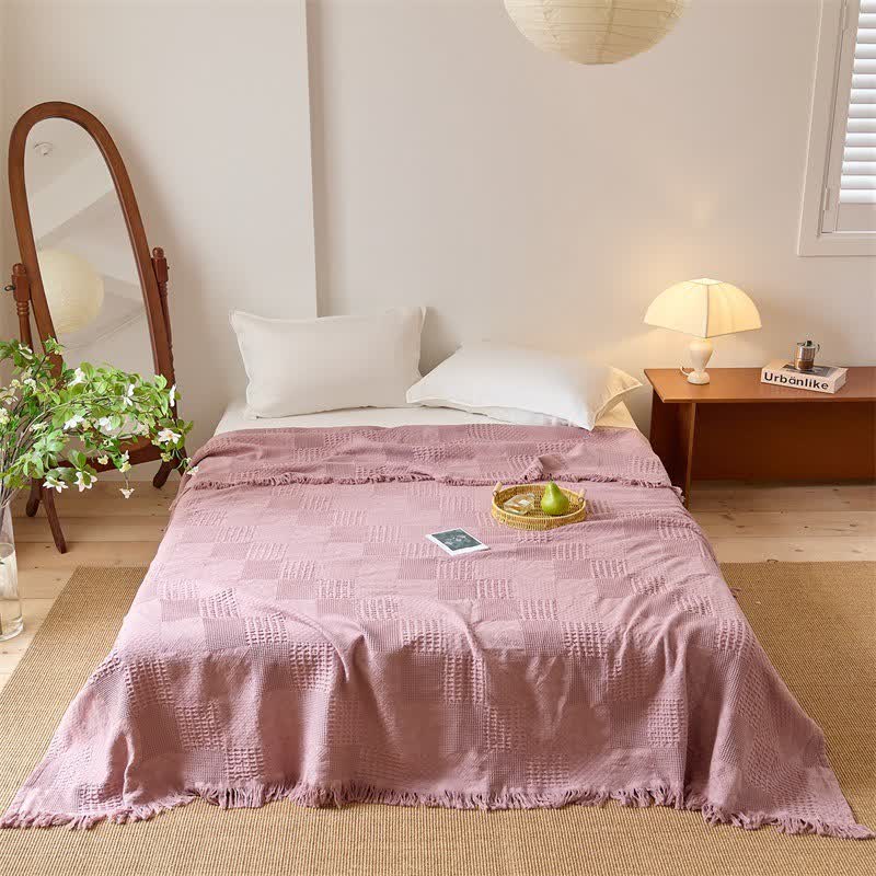 Ownkoti Solid Waffle Weave Cotton Tassel Quilt - Pink - Queen - image 2