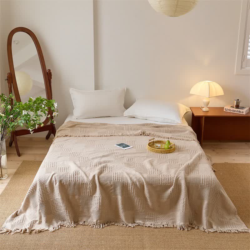 Ownkoti Solid Waffle Weave Cotton Tassel Quilt - Coffee - Queen - image 11